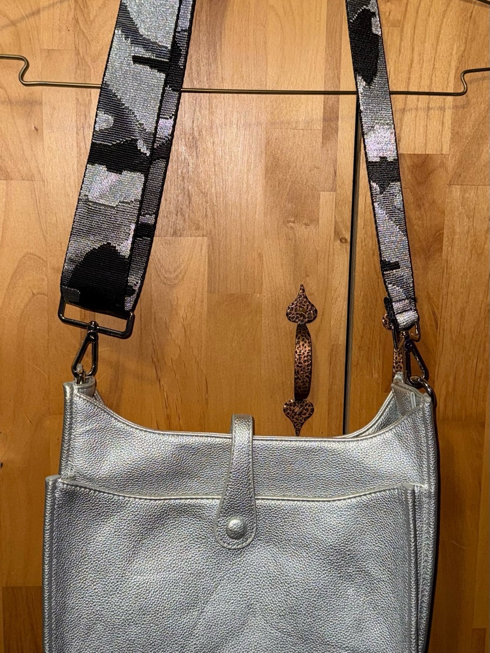 Silver Women's Shoulder Bag with Removable Patterned Strap